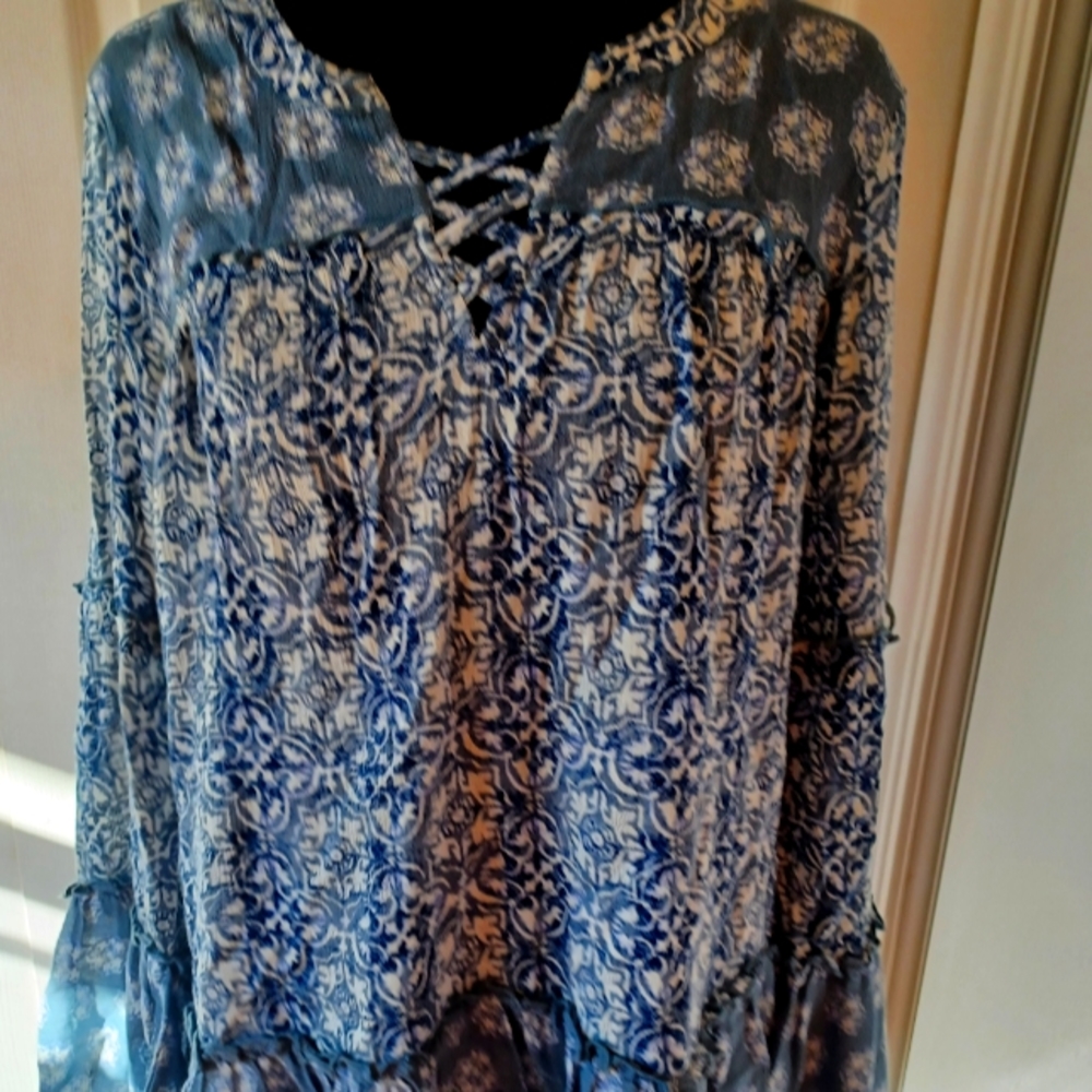 True Craft Boho Denim Blue Floral Peasant Blouse L